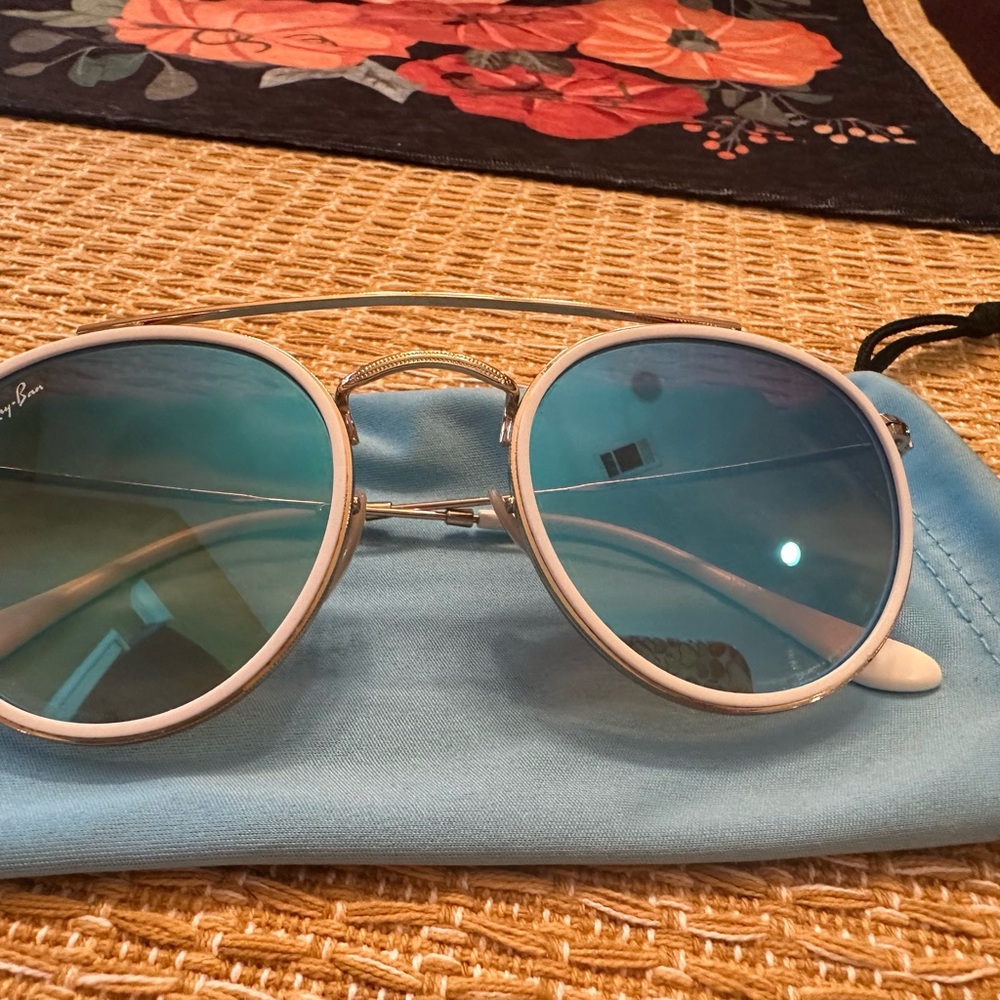 Ray-Ban Double Bridge Gold Frame Sunglasses with Blue Lenses